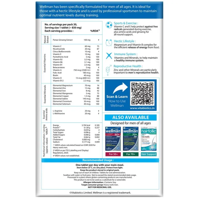 Wellman Multivitamin Tablets for Men | 30 Veg Tablets - Image 7