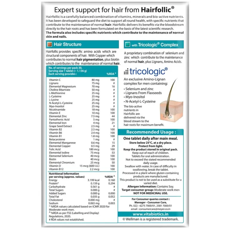 Wellman Hairfollic Hair Supplements for Men | 30 Veg Tablets - Image 4