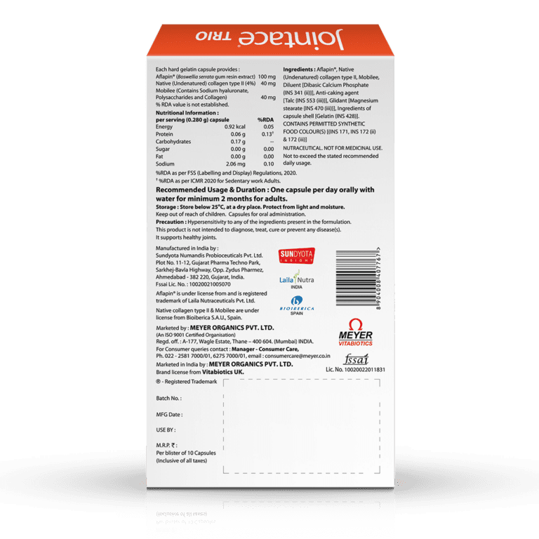 Jointace Trio product with ingredients and manufacturer details