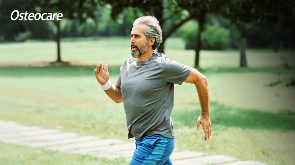 man jogging outdoor and representing bone health with osteocare