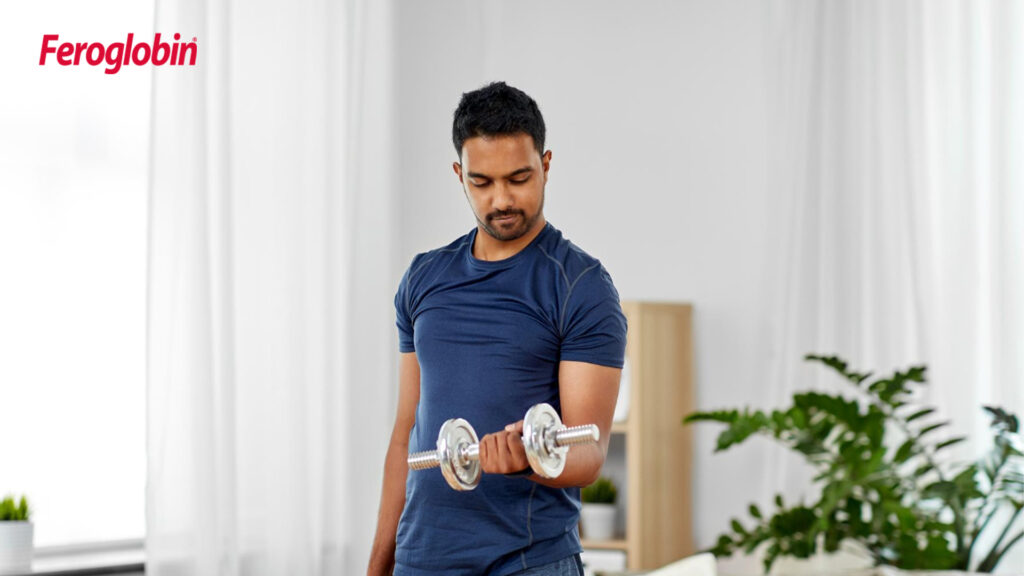 Man lifting dumbbell at home promoting strength, energy, with Feroglobin supplements.