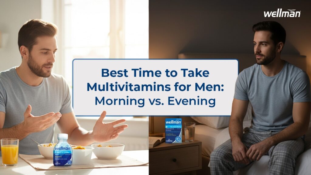 Best time to take multivitamins for men – morning vs evening comparison with Wellman supplements, showing man taking vitamins during breakfast and before bed.