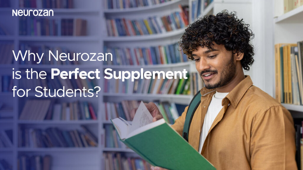 Student reading a book in a library with Neurozan branding - promoting brain health and focus supplements for students.