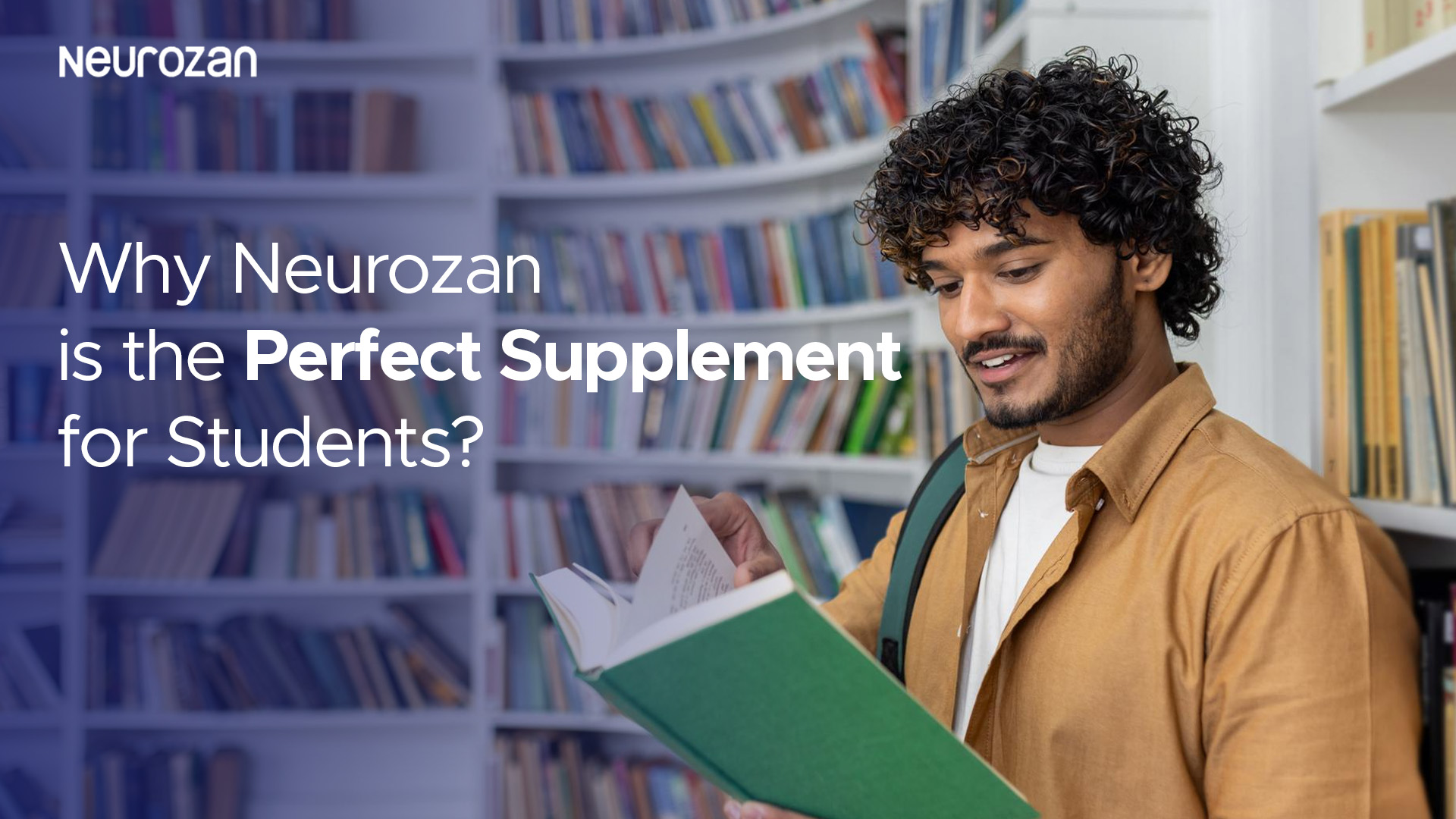 Student reading a book in a library with Neurozan branding - promoting brain health and focus supplements for students.