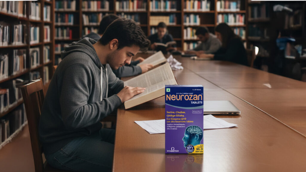 Student studying in a library with Neurozan tablets placed on the table.